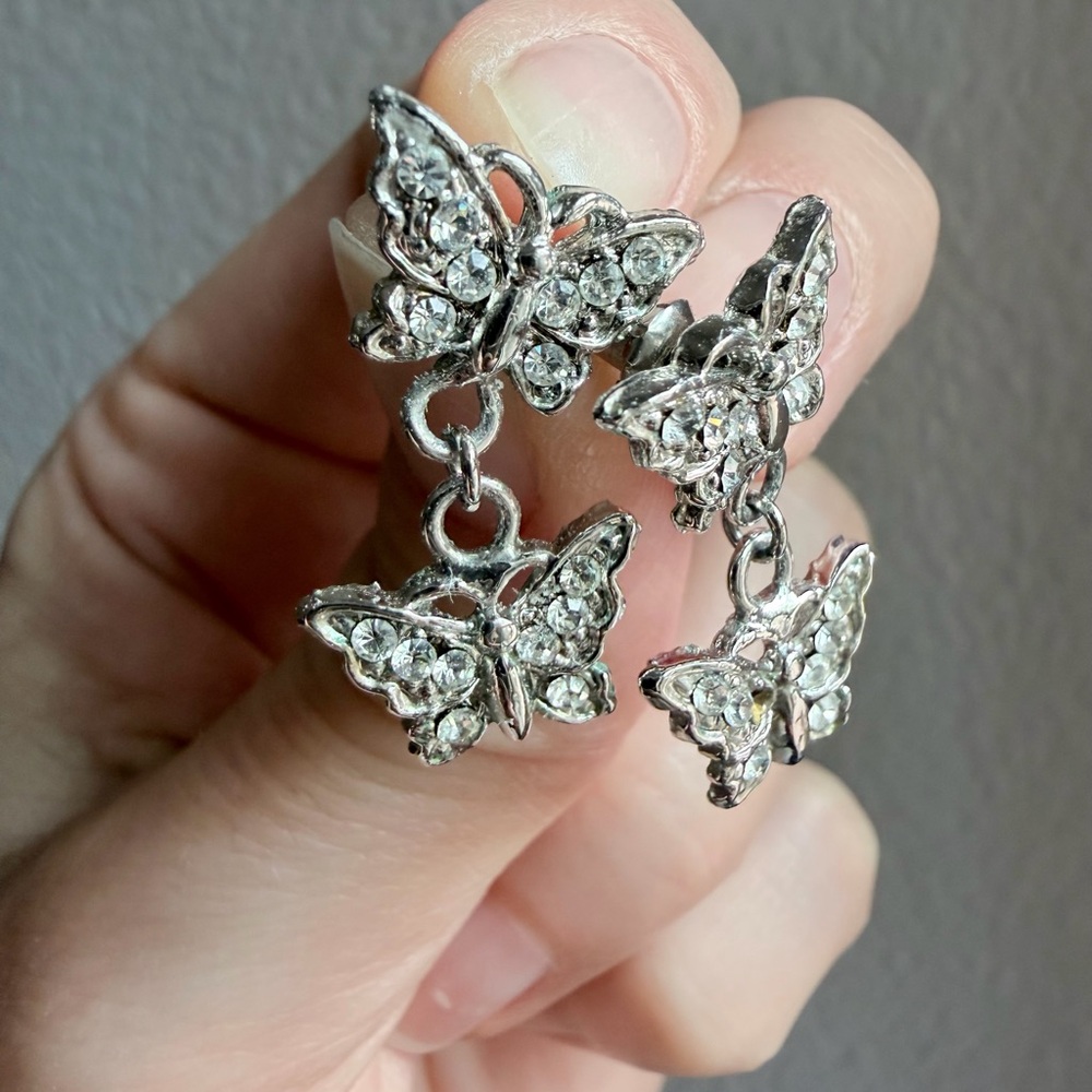 Rhinestone Butterfly Dangle Earrings - Silver Tone